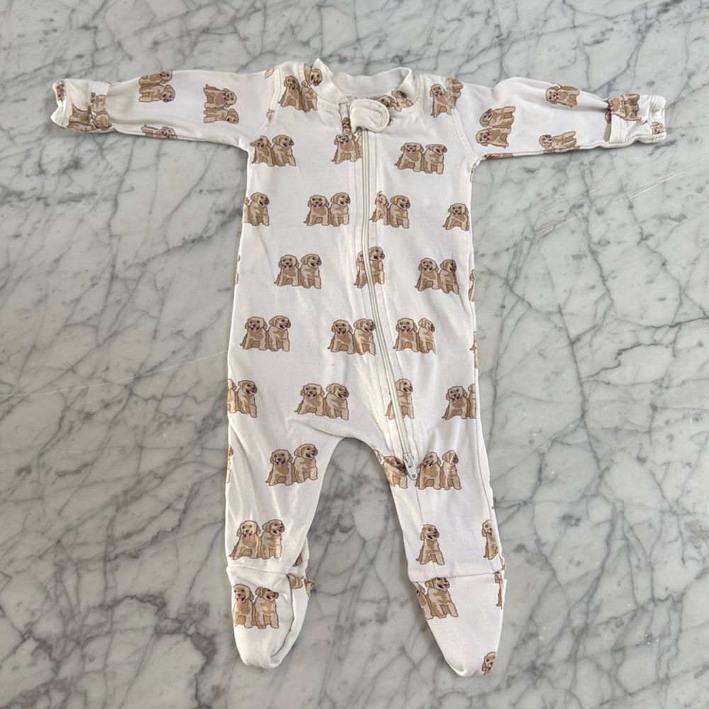 Monica & Andy Romper Double the Trouble Golden Retriever Sleeper Sz 0-3 Mo